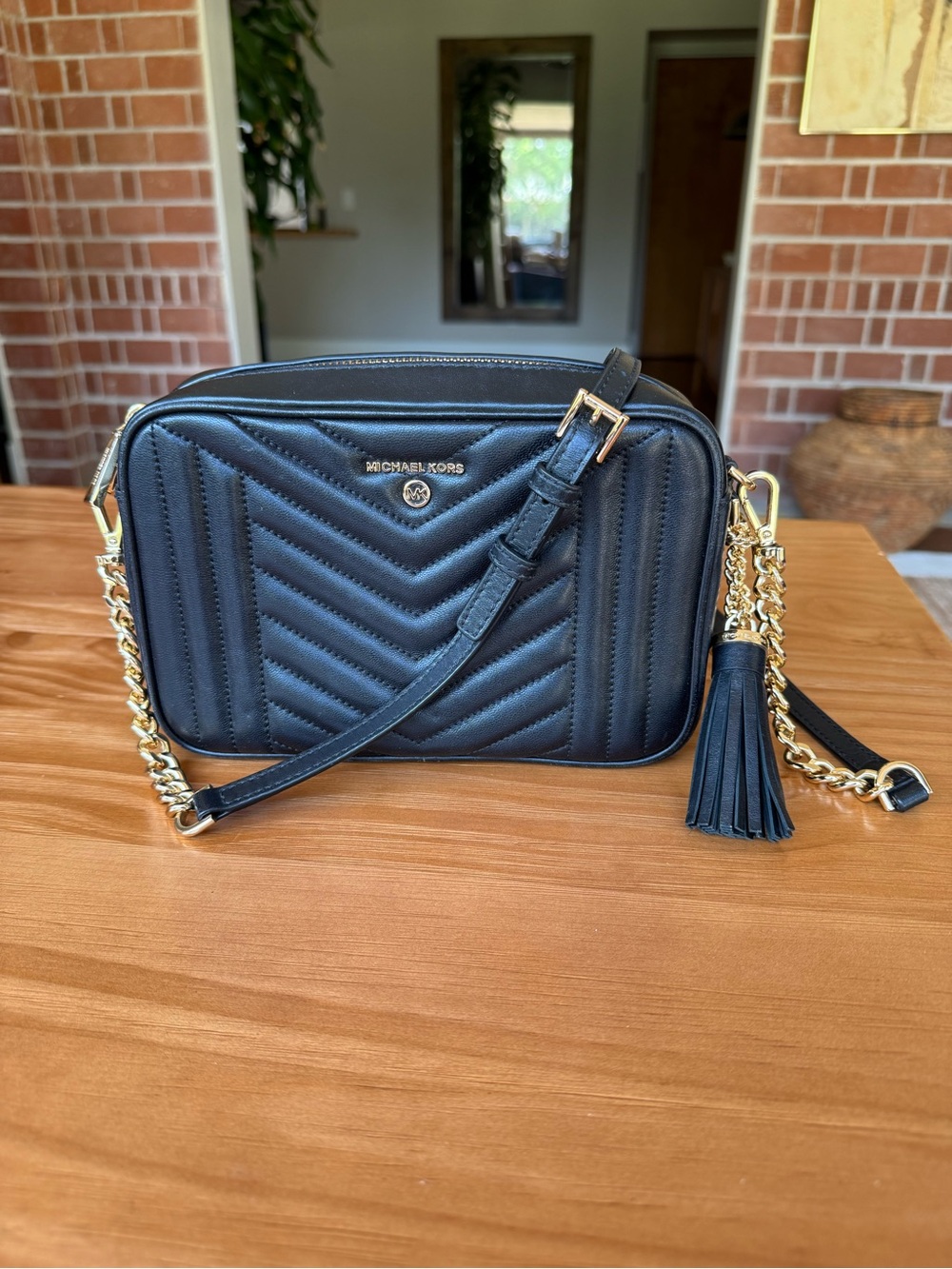 Michael Kors Black Quilted Leather Crossbody with Gold Chain & Tassel